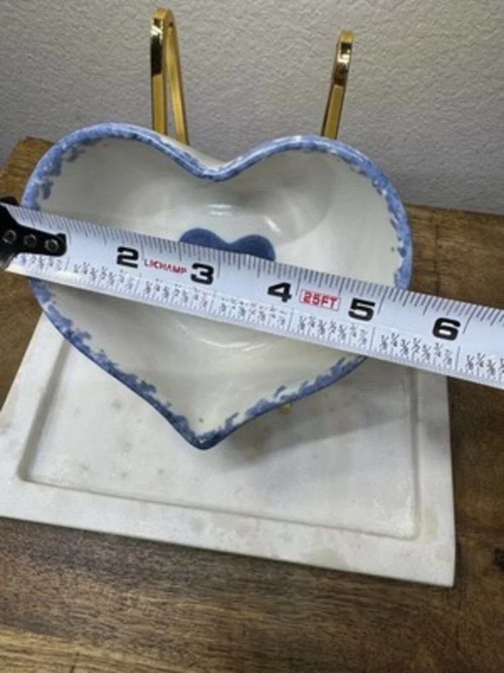 Blue and white 90s sponge art heart shaped ceramic dish, For Display, Key Dish